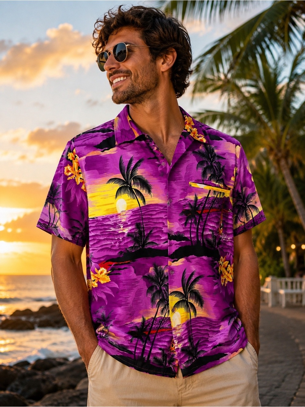 King Kameha Purple Hawaiian Shirt Tropical Beach Aloha Button Up Men’s M